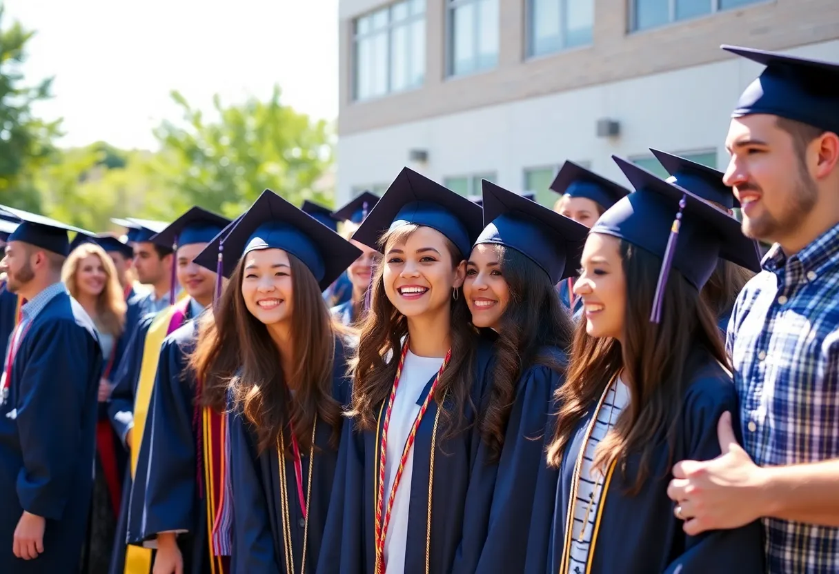 Graduating students celebrating outdoors in caps and gowns.