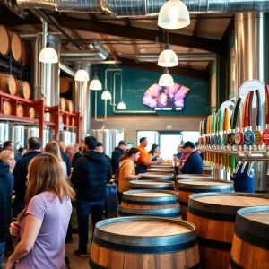 Craft brewery scene in Grand Rapids showcasing beer barrels and happy patrons.