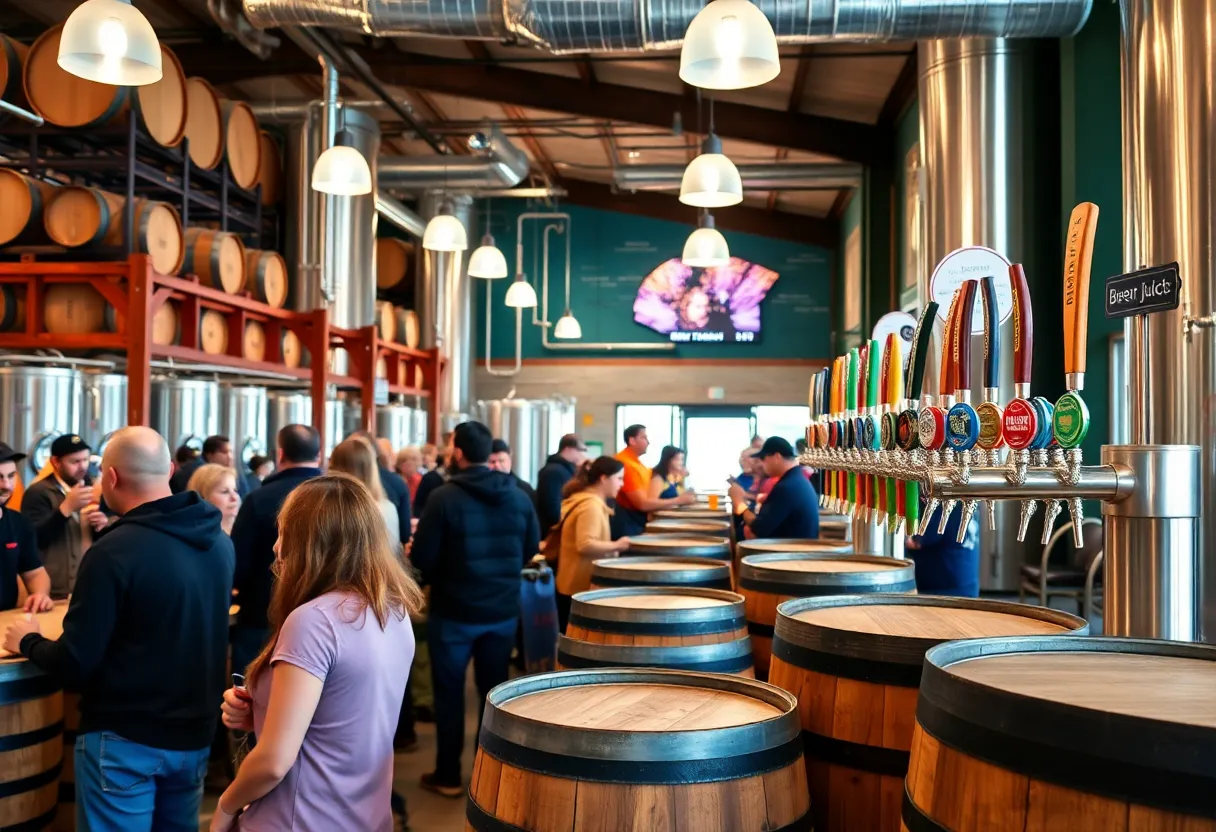 Craft brewery scene in Grand Rapids showcasing beer barrels and happy patrons.