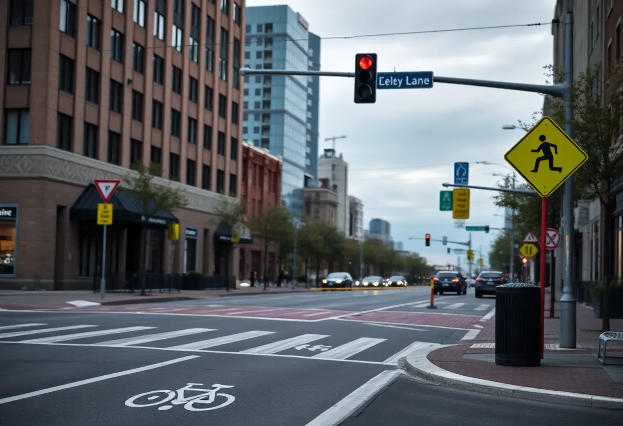Street scene in Grand Rapids with bicycle lanes and traffic signs after a tragic incident