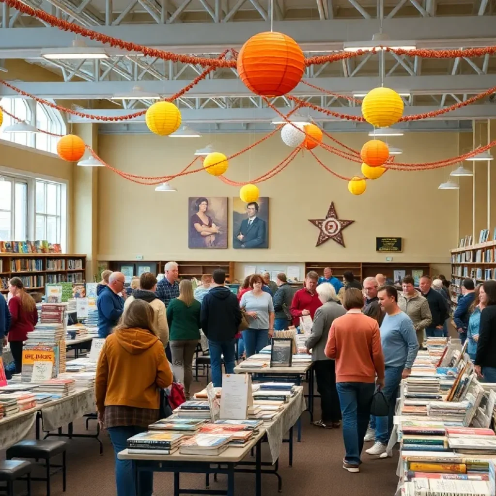Visitors exploring tables filled with books at the Grand Rapids Book Sale.