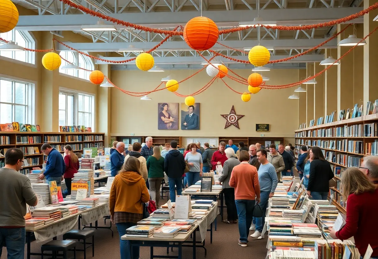 Visitors exploring tables filled with books at the Grand Rapids Book Sale.