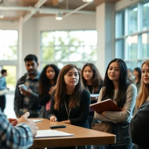 Students engaging in discussion at Grand Rapids Community College.