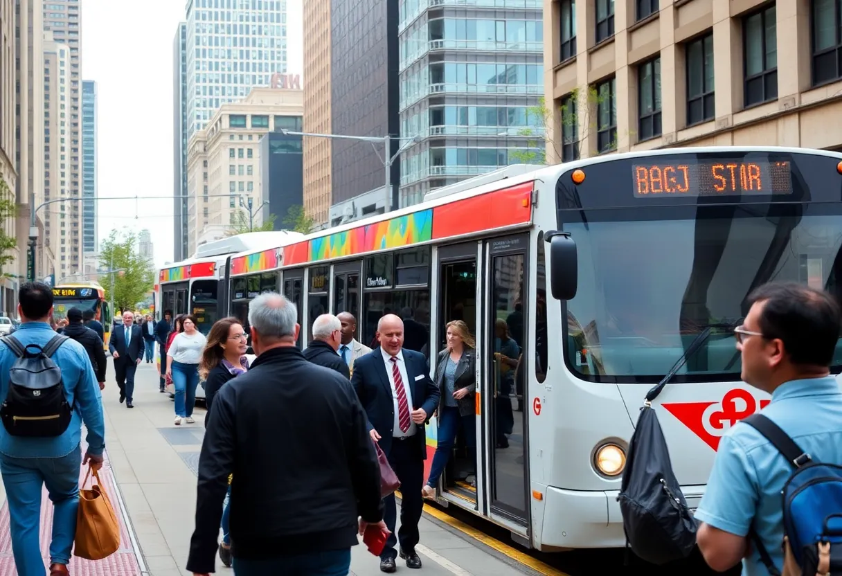 Bus and pedestrians in Grand Rapids city center