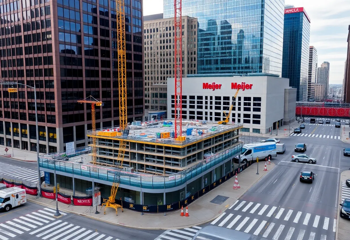 Construction site in Grand Rapids with cranes and a bustling urban backdrop.