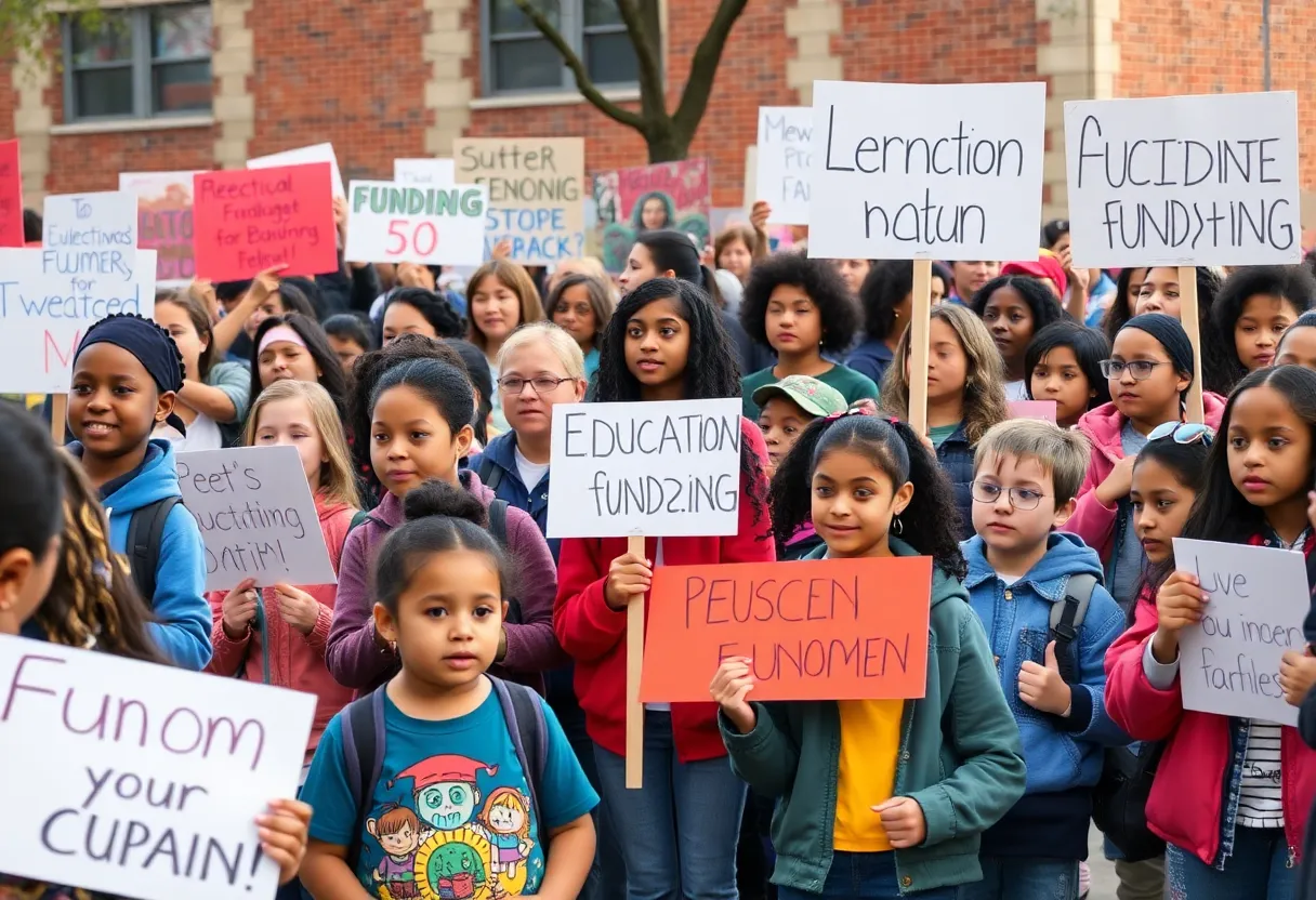 Community members rallying for education funding at Union High School in Grand Rapids.