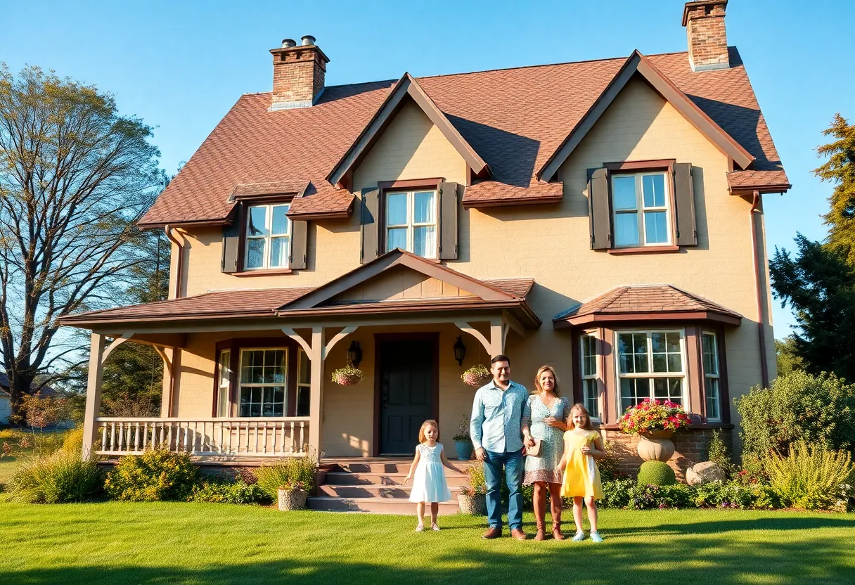 A family celebrating their reunion outside their old home in Grand Rapids.
