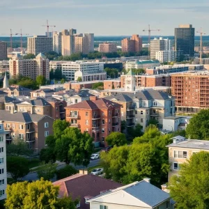 City skyline of Grand Rapids with residential buildings showing new housing projects.