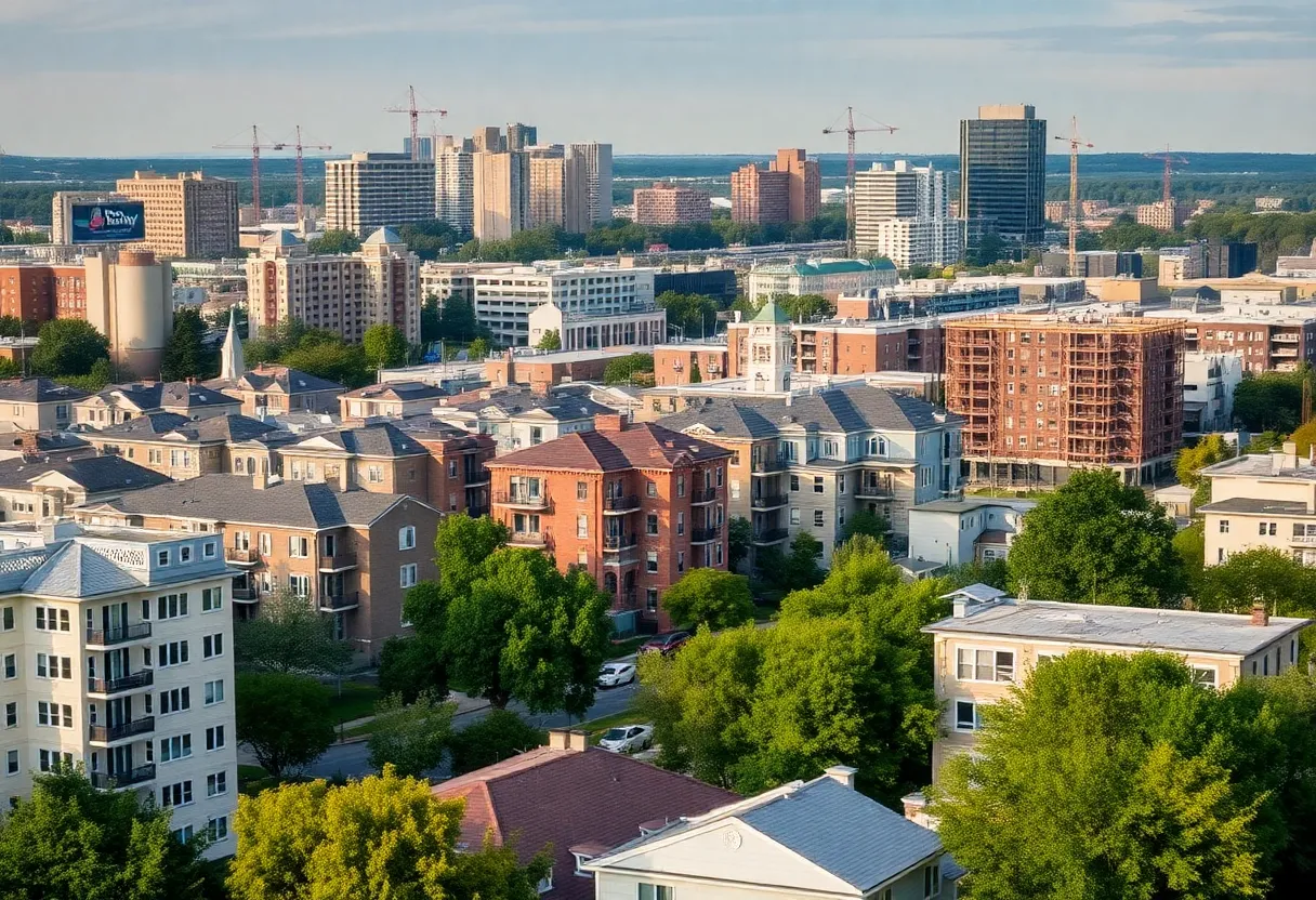 City skyline of Grand Rapids with residential buildings showing new housing projects.