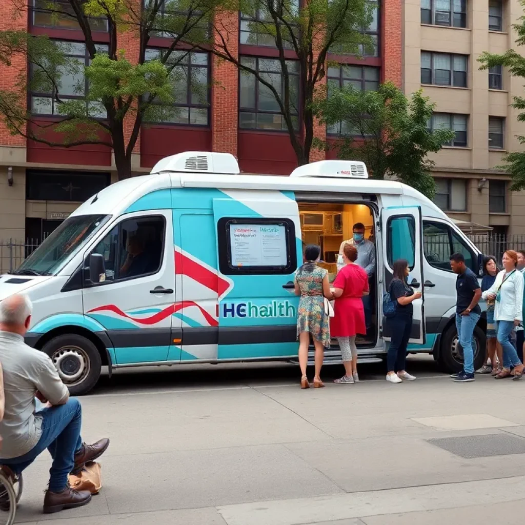 Mobile health van providing services to homeless individuals in Grand Rapids.