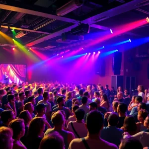 A vibrant live music concert scene featuring a local band performing on stage.