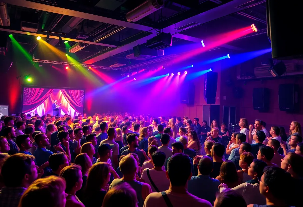 A vibrant live music concert scene featuring a local band performing on stage.