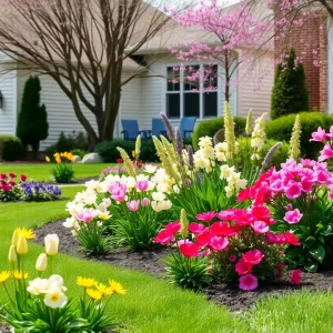 A well-maintained yard in Grand Rapids showing spring flowers and trimmed bushes