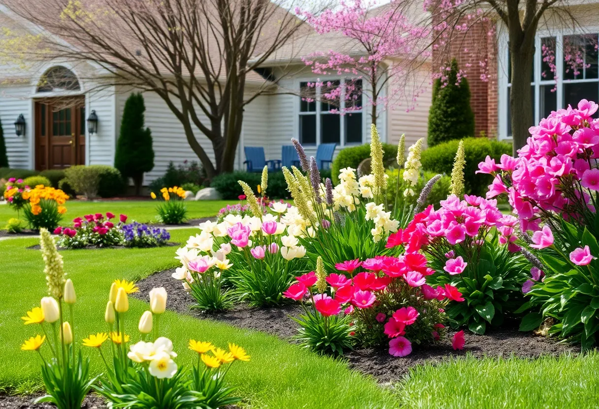 A well-maintained yard in Grand Rapids showing spring flowers and trimmed bushes