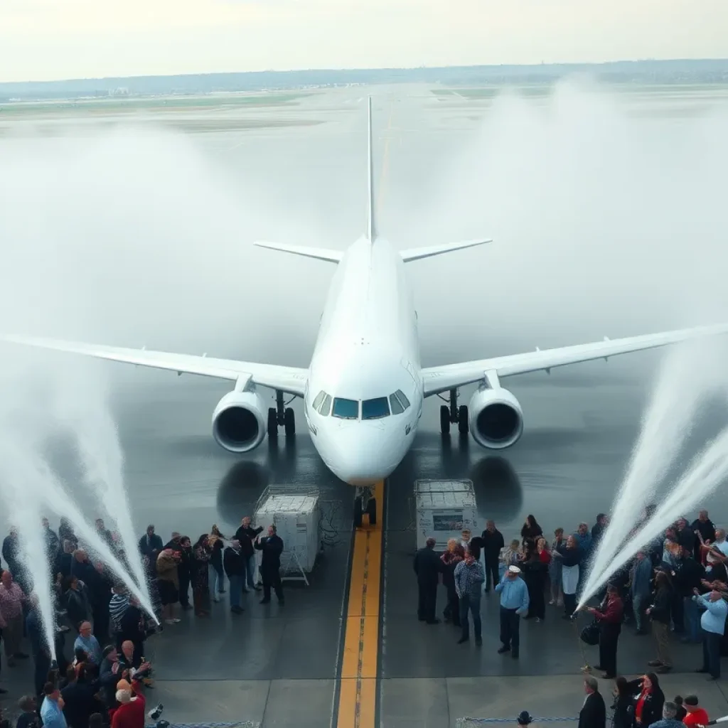 Water cannon salute welcoming a retiring Grand Rapids pilot at an airport.