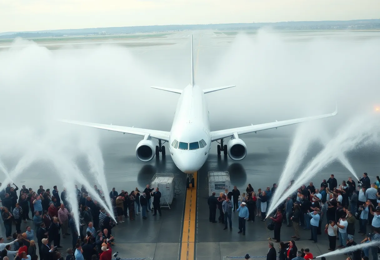 Water cannon salute welcoming a retiring Grand Rapids pilot at an airport.