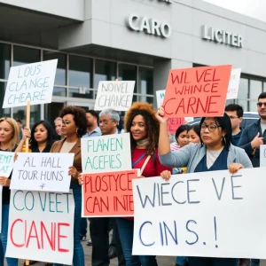 Protestors gathering outside a car showroom with signs demanding accountability.