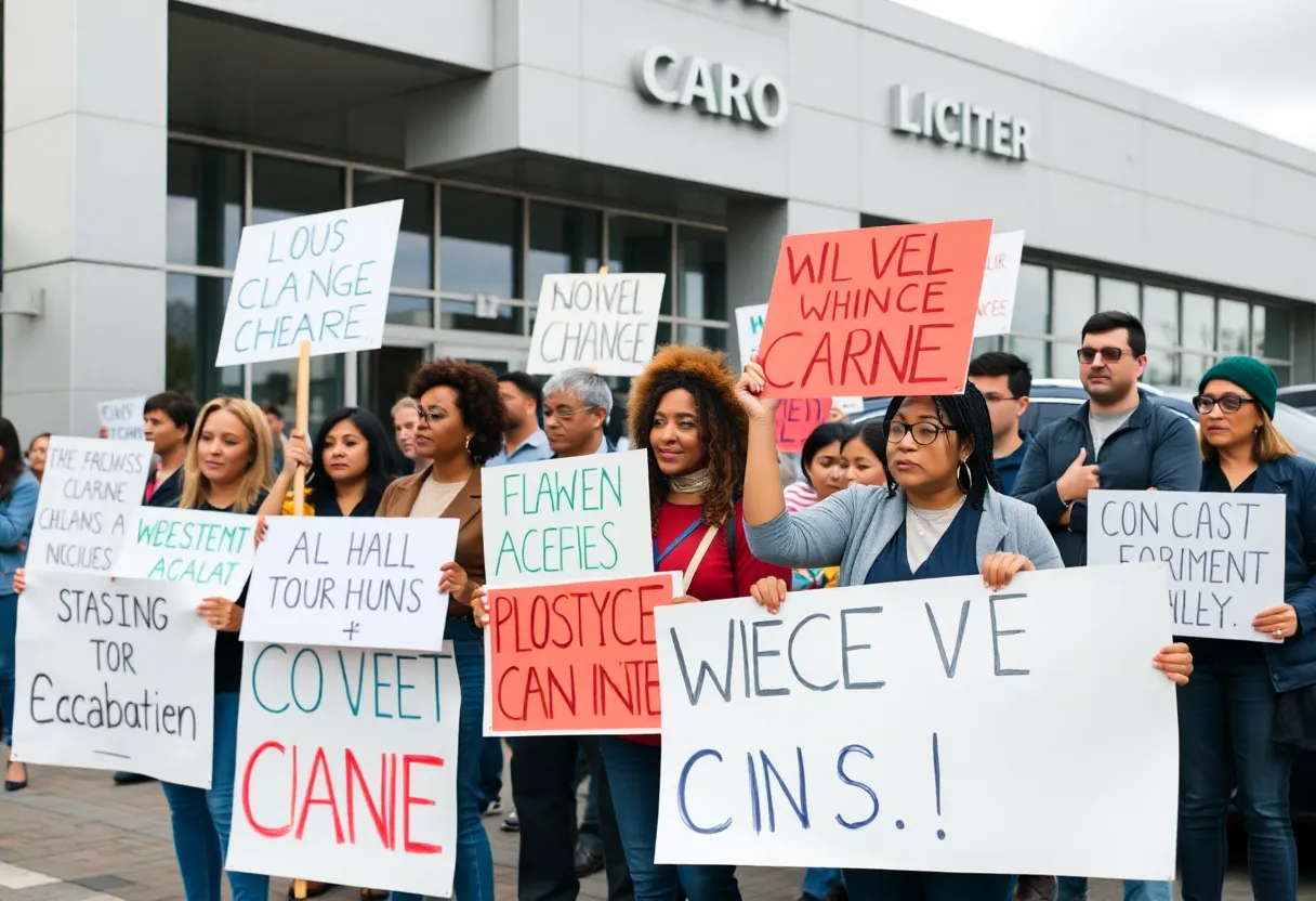 Protestors gathering outside a car showroom with signs demanding accountability.
