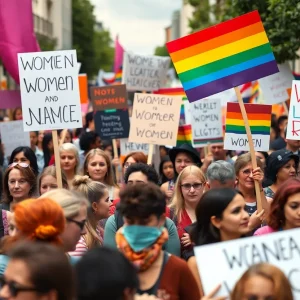 A diverse group of protesters with signs advocating for women and LGBTQ+ rights in Grand Rapids.