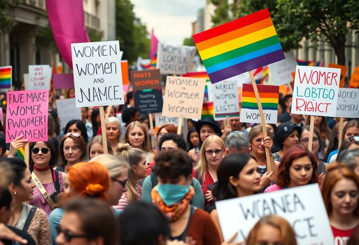 A diverse group of protesters with signs advocating for women and LGBTQ+ rights in Grand Rapids.