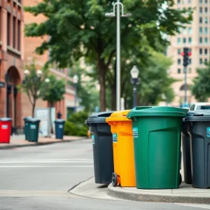 A street in Grand Rapids with organized trash collection bins