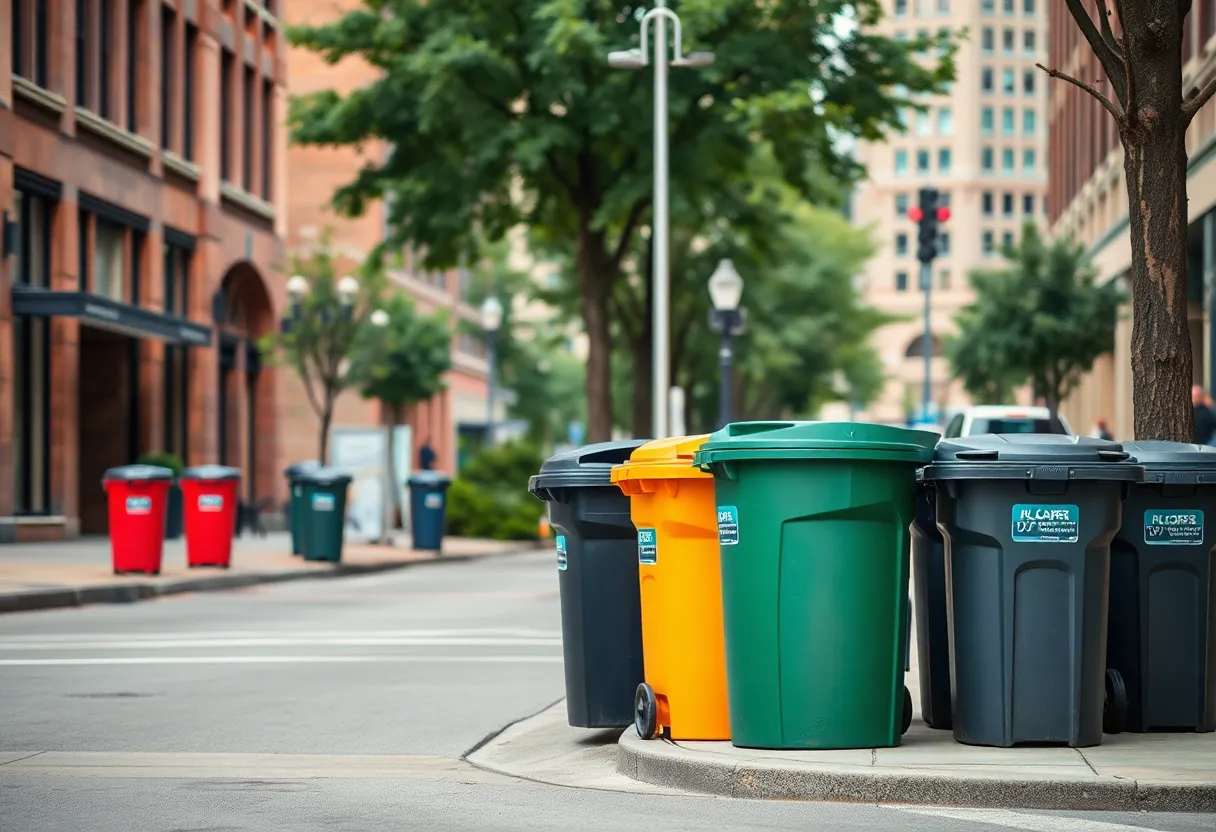 A street in Grand Rapids with organized trash collection bins