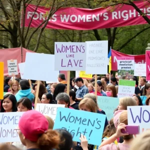 Crowd at Grand Rapids Women's Rights March holding protest signs