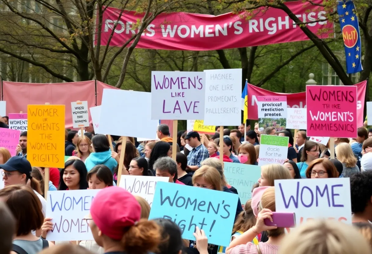 Crowd at Grand Rapids Women's Rights March holding protest signs