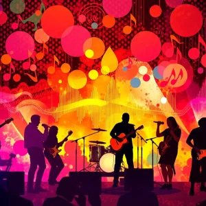 A dynamic music scene featuring silhouettes of musicians performing with colorful sound waves in the background.