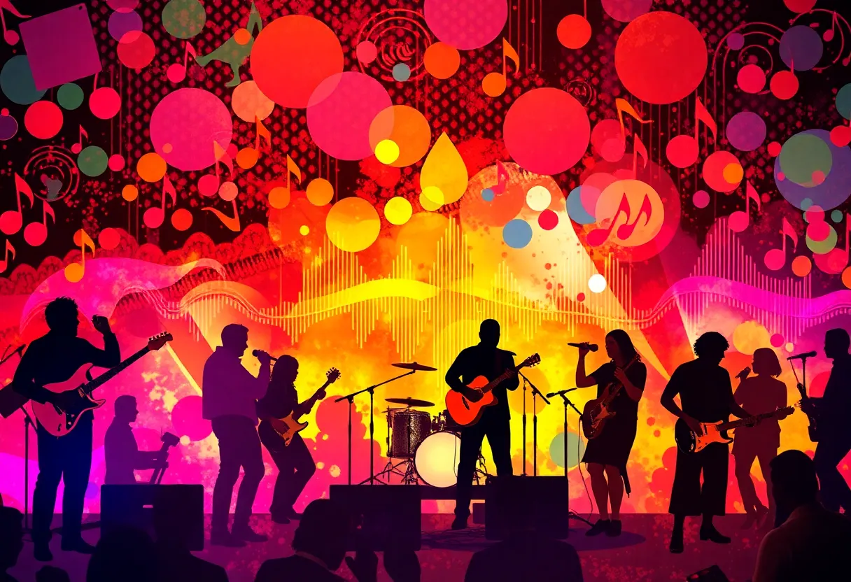 A dynamic music scene featuring silhouettes of musicians performing with colorful sound waves in the background.