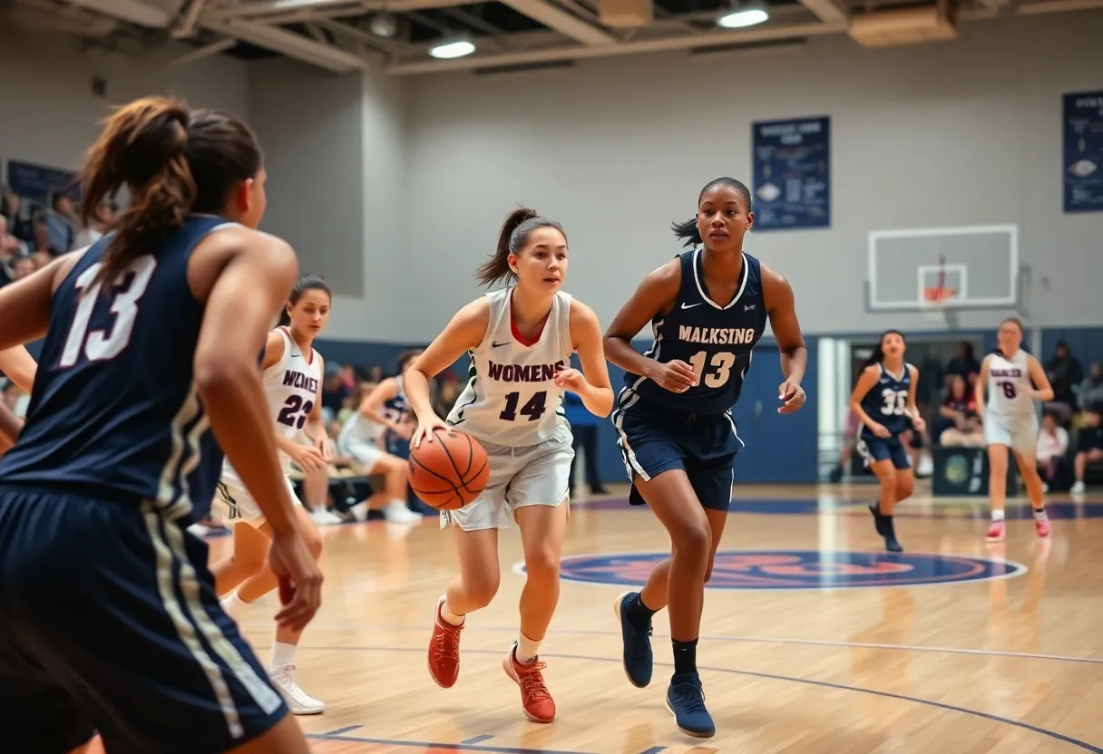 GVSU women's basketball players competing in a game.