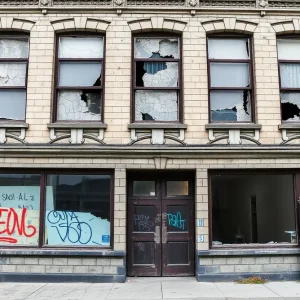 Historic Keeler Building facade with visible damage
