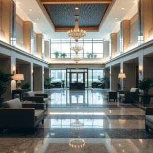 Empty hotel lobby reflecting community pain