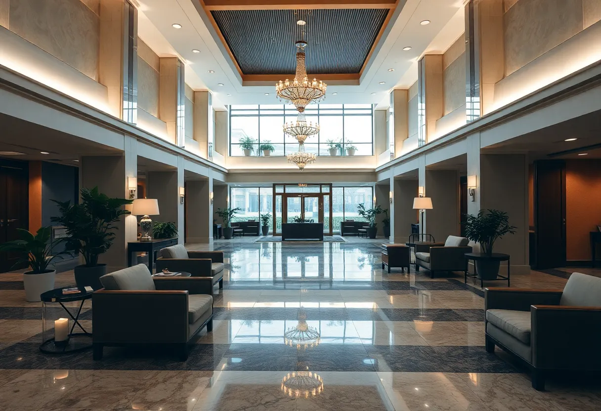 Empty hotel lobby reflecting community pain