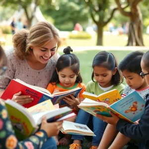 Families participating in a literacy event with bilingual books in Kent County