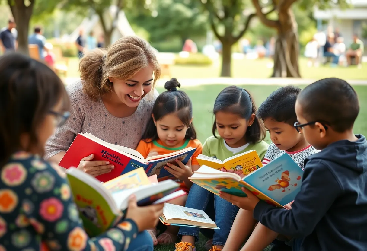 Families participating in a literacy event with bilingual books in Kent County