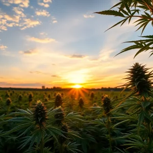 An expansive Michigan cannabis farm during sunset