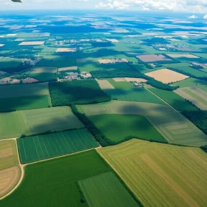 Aerial view of Michigan farmlands with crops