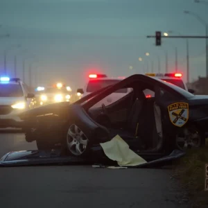 An image portraying a traffic accident aftermath with police presence.