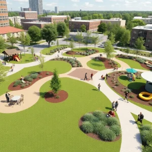 Rendering of a multi-use park in Grand Rapids with trees, pathways, and community gathering spaces.