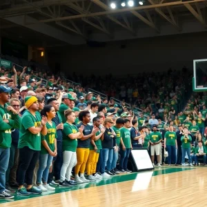 Northern Michigan Wildcats basketball team celebrating with fans