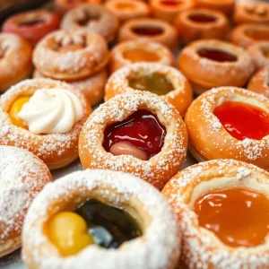 Various flavored paczki on a bakery counter