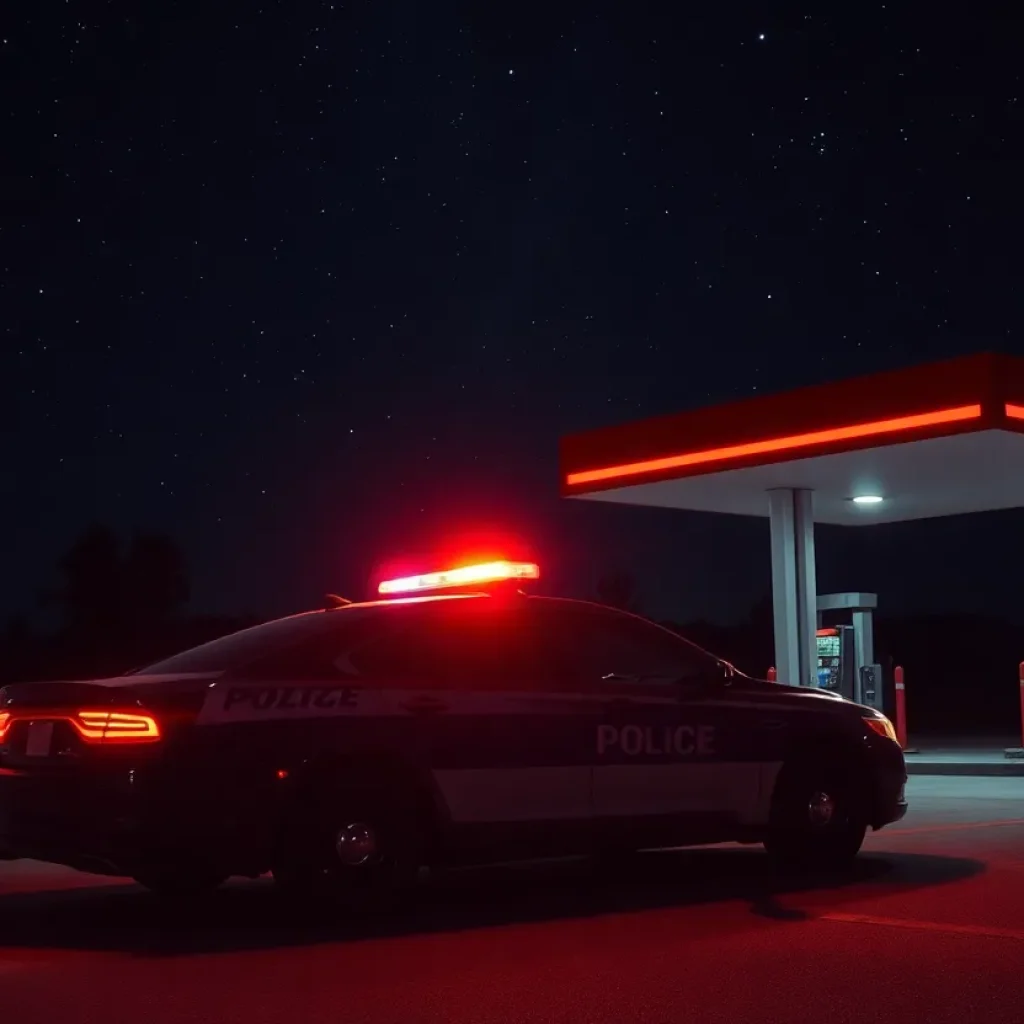 Police car with flashing lights at night