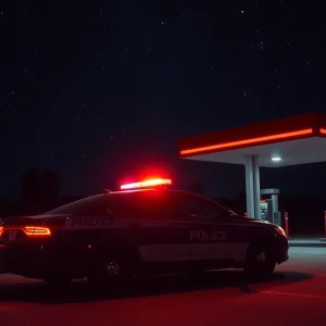 Police car with flashing lights at night
