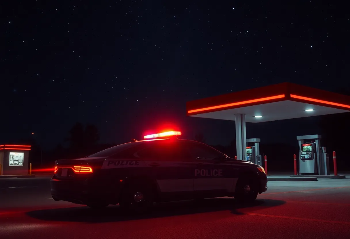 Police car with flashing lights at night