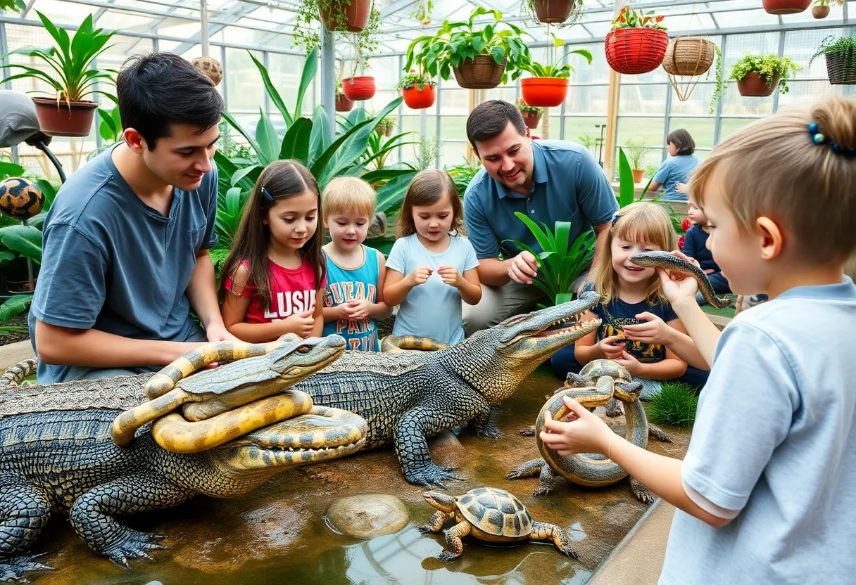 Families enjoying Slithering Sunday with reptiles at Downtown Market