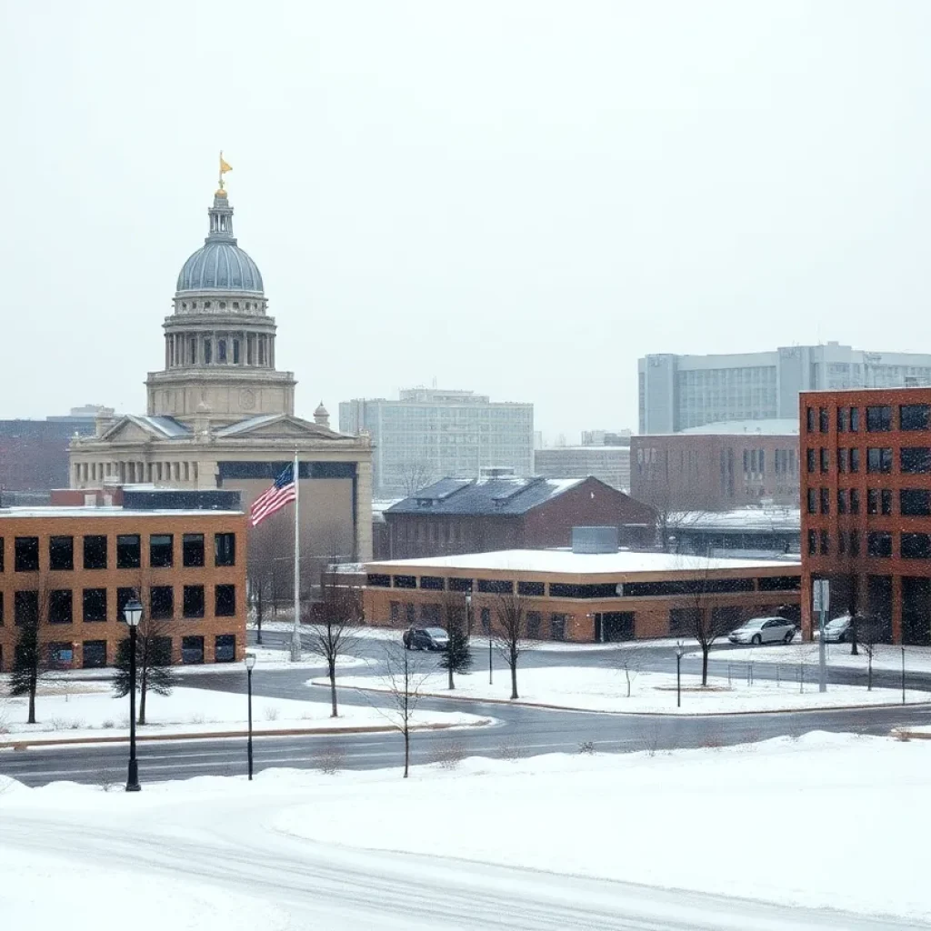 Snow falling over Grand Rapids cityscape