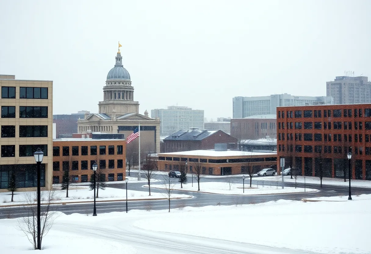 Snow falling over Grand Rapids cityscape