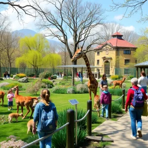 Families enjoying springtime at John Ball Zoo with various animals in the background.