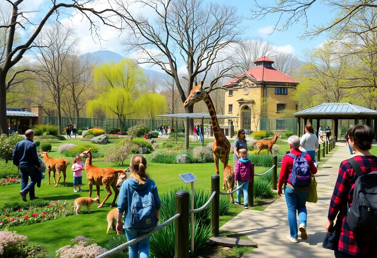 Families enjoying springtime at John Ball Zoo with various animals in the background.